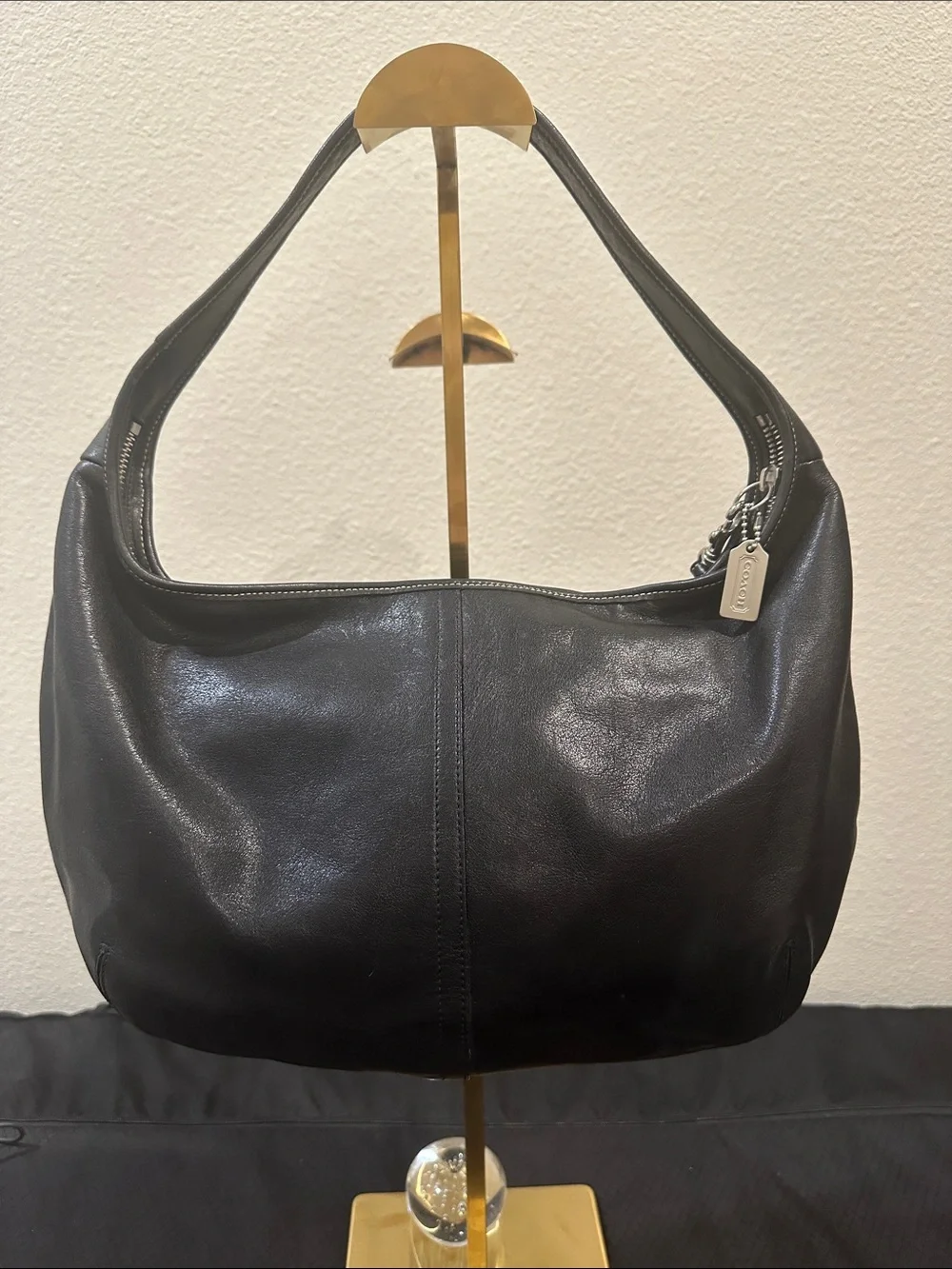 Vintage COACH Black Leather Hobo Shoulder Bag with Branded Charm and Silver HW